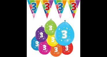Feestpakket 3 Jaar XL – 3x Vlaggenlijn 10 Meter + 8 Ballonnen – Verjaardag Versiering Slinger Decoratie Feest