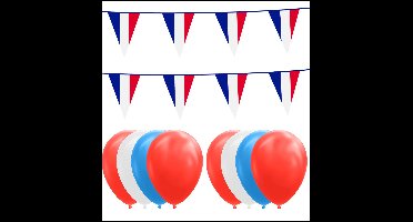 Frankrijk feestpakket Big - 6x Vlaggenlijn 10 meter + 150 ballonnen rood/wit/blauw - Versiering Slinger Feestdecoratie Decoratie