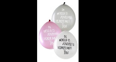 Ballon De wereld is zoveeeeeel leuker met jou (neck up) metallic zilver/wit/roze 35cm per 24
