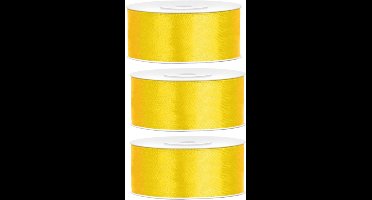 Partydeco Cadeaulint - 3x - geel - 2,5 cm x 25 meter - satijn - sierlint - inpakken - decoratie
