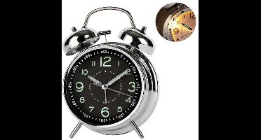 Retro Wekker met Dubbele Bel - Stille Analoog Klok met Nachtverlichting - Batterijgevoed Design voor Kantoor & Slaapkamer (Zwart-Zilver)