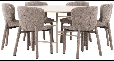 Copenhagen eethoek tafel Ø140cm en 6 stoelen whitewash, bruin.