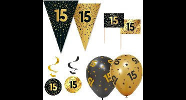Feestpakket 15 jaar Zwart Goud XL – Vlaggenlijn 10 meter + 6 Ballonnen + 50 Prikkers + 4 Swirls – Golden Celebrations Decoratie