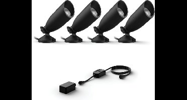 WiZ Tuinspot Basisset met 4 Tuinspots (Zwart) - Wit en Gekleurd Licht - Incl. Voedingskabel - Tuinverlichting - Slimme LED Verlichting - WiFi