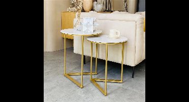Ronde Bijzettafels - Tafeltje - Salontafels - Set van 2 - Marmerlook - Gouden Metalen Frame - Nesting Tafels - Anti-vervorming - Ruimtebesparend - Wit