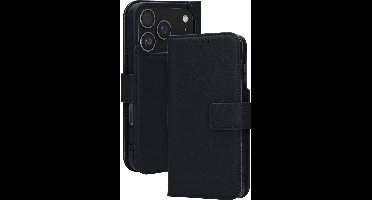 Mobiparts MagSafe Portemonnee/Boekhoesje geschikt voor Apple iPhone 17 Pro - Echt Leer - Magnetische Sluiting - Ruimte voor drie pasjes - Microvezel voering - Zwart