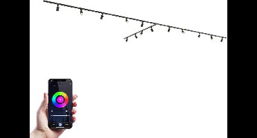 HOFTRONIC railverlichting pakket T-vorm – 4x 1,5m en 2x 1m rail – 14 RGBWW GU10 dimbare railspots – modulair aluminium zwart – IP20 – 230V – led railsysteem woonkamer keuken