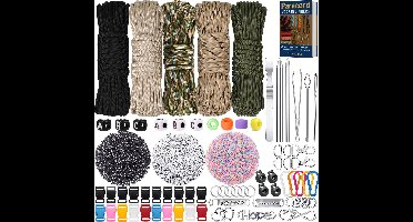 75 meter Paracord Pakket met 355 Accessoires - 5 Kleuren 4mm Parakoord 550, Karabijnhaken, Naaldenset, Bedels, Klikgesp, Kralen - Parachute Koord Knutselpakket Set - Knutselen Touw voor Volwassen, Kinderen, Meisjes - Sieraden/Armbandjes Maken