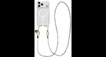 AVY Hoesje geschikt voor Apple iPhone 17 Pro | Compatibel met MagSafe | Clear Case met Telefoonkoord 120CM | Crossbody Silver Spark Long