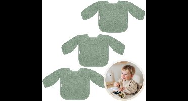 Funnies Slab met Mouwen 3-Pack Stone Green - Set van 3 Zachte Slabbetjes voor Baby’s - 100% Katoenen Badstof - Makkelijk Wasbaar in de Wasmachine - Slabbetjes, Kwijlslab, Eet- en Speelslab - Ideaal voor Eten, Knutselen en Spelen