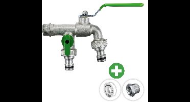 Deltaline - Buitenkraan - Dubbele kraan ½ inch - 2x ¾ inch gardena uitgang - Vorstbestendige Kogelkraan Groen - Vorstbestendig - Incl. PTFE tape & Extra RVS verloopring ½ x ¾ inch