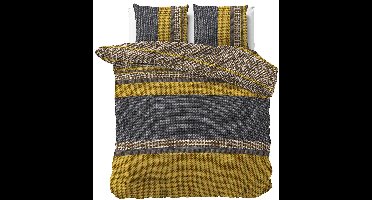 2-persoons trendy dekbedovertrek okergeel / goud / antraciet / zwart met diverse figuren, strepen en brei patroon tweepersoons 200 x 220 cm (sfeervol en modern beddengoed slaapkamer)