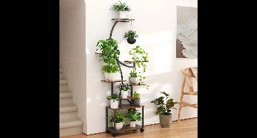 Ladderrek – Boekenkast – Wandrek – Opbergrek – Handdoekrek – 8-laags – Zwart Metaal Met Houten Planken – S-vormig Design 158 cm Hoog