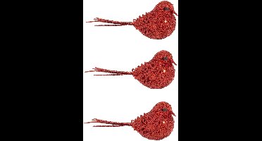 Kerstboomversiering Vogel - 8x - 12 cm - rood glitter - op clip - ornament - ster