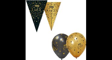 Feestpakket You Dit It Zwart / Goud – Vlaggenlijn 10 meter + 6 Ballonnen – Golden Celebrations - Versiering Slinger Feestdecoratie Decoratie Verjaardag Jubileum Ballon Feest