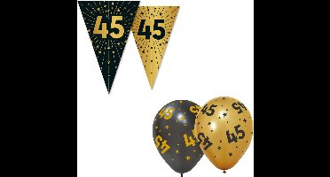 Feestpakket 45 jaar Zwart / Goud – Vlaggenlijn 10 meter + 6 Ballonnen – Golden Celebrations - Versiering Slinger Feestdecoratie Decoratie Verjaardag Jubileum Ballon Feest