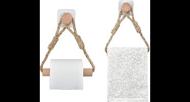 wc-rolhouder - Set van 2 - van touw en hout - handdoekhouder - zonder boren - 12L x 6,5B centimeter - Zelfklevend - hout