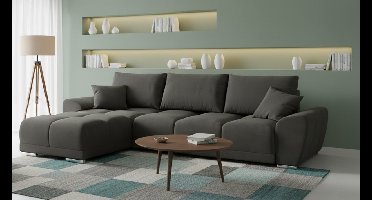 Hoekbank L-vorm Fluweel 289x189 cm met Opbergruimte & Uittrekbaar Bed – Luxe Licht Zwarte Velvet Slaapbank met Kussens – Slaapfunctie 130x220 cm – Comfort CollFeel Schuim – Moderne Familie Design Sofa – Medahomestore