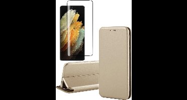 Hoesje geschikt voor Samsung Galaxy S21 Ultra - Screen Protector GlassGuard - Book Case Kunstleer ThinShield Goud & Screenprotector