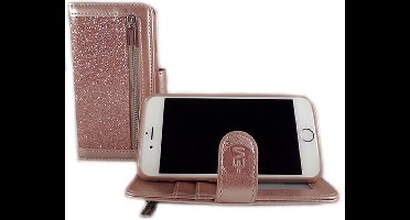 HEM Lederlook Hoesje Geschikt Voor Apple iPhone 12 Mini – Magic Glitter Rose Gold (Roze Goud) Portemonnee Telefoonhoesje Met Rits