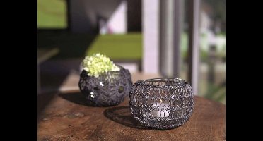 Windlicht - Theelichthouder rond - Grijs metaal - hoogte 9cm - d 15cm