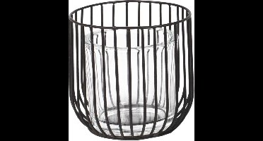 Windlicht Pino - theelichthouder - Zwart staal metaal draad - incl.stevig  glas -13CM Hoog