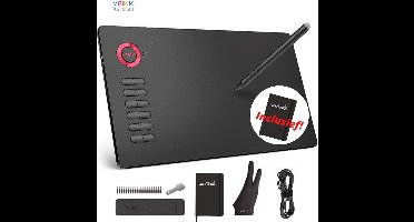 Tekentablet Veikk A15 Rood inclusief beschermhoes - 10x6 inch - 5080 Lpi - grafische XL teken tablet - Batterij vrije pen - 12 sneltoetsen - tekenhandschoen