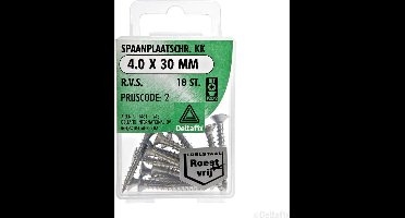 Spaanplaat, houtschroeven, Platkop Pozidriv RVS, 4.0x30mm. 18 stuks. deltafix.