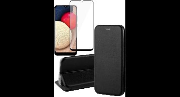 Hoesje geschikt voor Samsung A02s en Screenprotector - Book Case Kunstleer Wallet Cover Hoes Zwart + Screen Protector Glas Full Screen