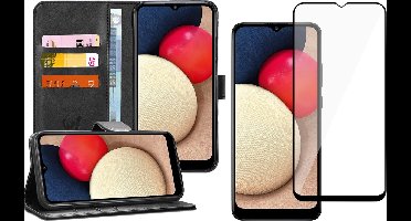 Hoesje geschikt voor Samsung Galaxy A02s - Screen Protector FullGuard - Book Case Kunstleer Pasjeshouder Zwart & Screenprotector