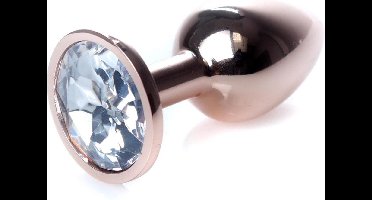 Power Escorts - Unieke Rose Goud kleurige Plug - Anaal Plug - Buttplug white stone - stalen Anaal plug met witte steen - ideale formaat - 7 CM en lekkere Dia 2,7 cm - met makkelijke bewaar zak
