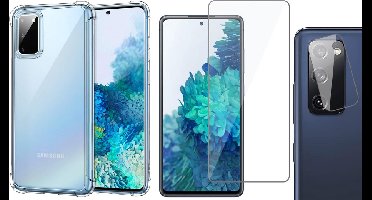Hoesje geschikt voor Samsung Galaxy S20 FE - Screenprotector GlassGuard & Camera Lens Screen Protector - Back Cover Case ShockGuard Transparant