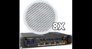 Power Dynamics 100V Bluetooth geluidsinstallatie met 8 plafondspeakers voor kantoor, praktijk, restaurant, etc. - 4 apart regelbare zones!