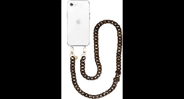 xoxo Wildhearts siliconen hoesje - Geschikt voor iPhone 7/8/SE 2020/2022 - Brown Chocolate - Telefoonhoesje - Hoesje met koord - Bruin koord - lang telefoonkoord - Transparant hoesje (lange variant)