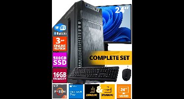 Budget Office PC SET - Ryzen 3 - 500GB NVMe SSD - 16GB RAM - Radeon Vega 8 ( 24 Inch Monitor | Muis | Toetsenbord ) + WiFi & Bluetooth