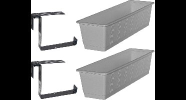 Set van 3 kunststof plantenbakken grijs rechthoekig 60 cm met 6 verstelbare railing beugels