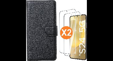Hoesje geschikt voor Samsung Galaxy S24 5G hoesje bookcase Zwart - Met screenprotector tempered glass Galaxy S24 - 2x