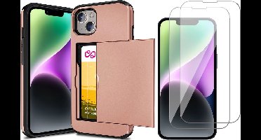 Hoesje met Pasjeshouder geschikt voor iPhone 15 Plus - Screen Protector FullGuard - Back Cover SlideCase Roségoud & Screenprotector