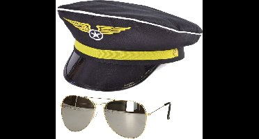Carnaval verkleed piloten pet/hoed - zwart - voor volwassenen - one size - incl. bril