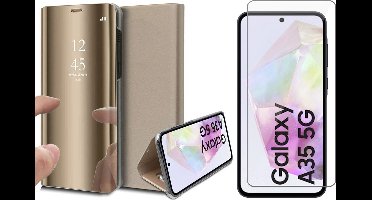 Hoesje geschikt voor Samsung Galaxy A35 - Screenprotector Glas - Spiegel Book Case Goud