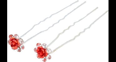 Haarsoires Haarspeld haarpinnen - Bloem strass steentjes - Rood zilver - Set van 2 - Sierpinnen voor Opsteekkapsels - Hair Pins