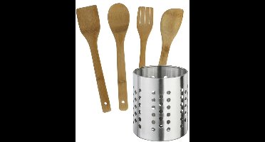 Gerimport Keukengerei - bamboe houten spatels set 4 delig - in ronde RVS houder - Keuken pollepels / spatels