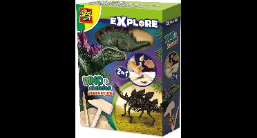 SES Creative - Explore - Dino en Skelet Opgraven 2 in 1 - Stegosaurus - Bikblok met Skelet - Complete set met Houten Hamer en Beitel - Dinosaurus Speelgoed