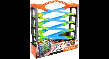 KiddyGo racebaan speelgoed - deluxe racebaan met 5 lagen en 2 auto's.