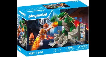 PLAYMOBIL | Helden | Helden- Showdown met de reuzenhagedis | Speelgoed vanaf 4 jaar | Cadeau voor kinderen | Spannende actieset | Met beweegbare reuzenhagedis en breekbare muur | 71831