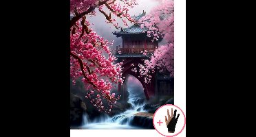 HobbyMania Schilderen Op Nummer Volwassenen - Japanse Waterval en Sakura- Inclusief Verf Penselen en Tekenhandschoen - Kleuren Op Nummer - Paint By Number Volwassenen - 40x50 cm