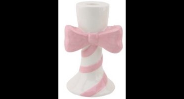 Housevitamin Kaarshouder-Kandelaar - Strik - Keramiek - 9x8x14cm - Wit/ Roze