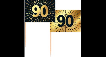 150 Vlagprikkers goud / zwart 90 jaar - Golden Celebrations - Hapjes Cocktailprikkers Tapas Prikkers Feestje