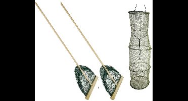 Eurocatch Garnalennet L - 2 Stuks - en Bewaarnet Set 30cm Breed - Houten steel 107cm lang - Slootnet - Visnet - Samen Garnalenvissen