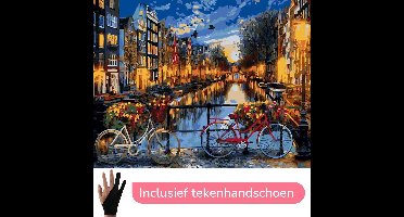 HobbyMania Schilderen Op Nummer Volwassenen Amsterdam Fietsen Gracht Landschap – 50x40 cm - Inclusief Tekenhandschoen - Paint By Number Volwassenen
